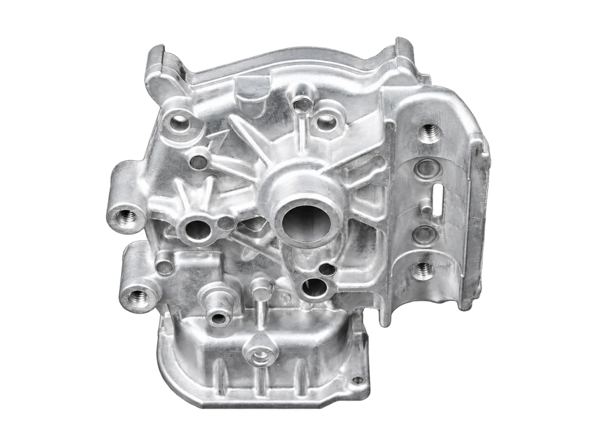 Aluminum motor housing with cast ribs, circular bores and mounting bosses