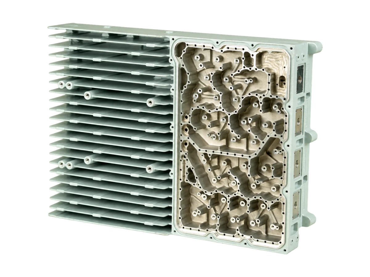 Finned electronic enclosure with internal ribs, mounting bosses and connector openings