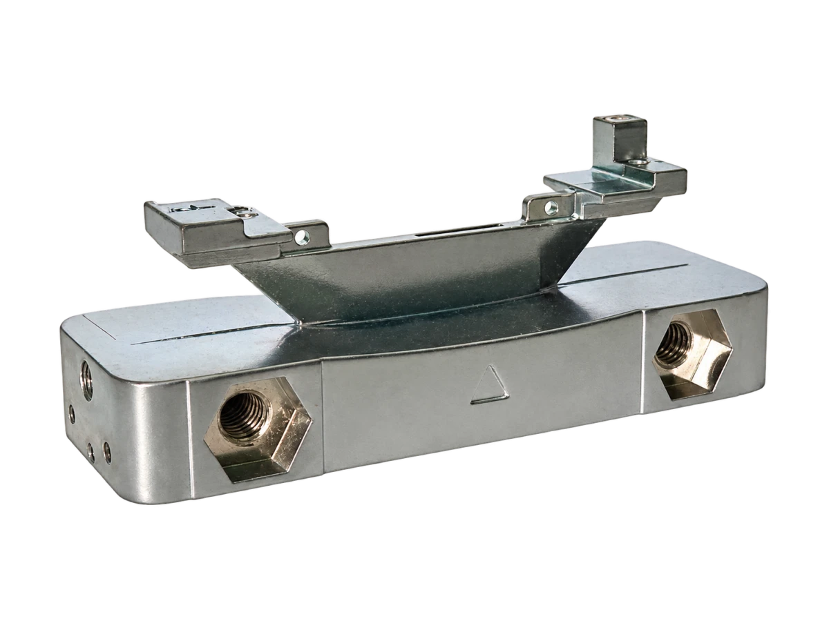 Metal hardware component with threaded inserts and an integral mounting bracket
